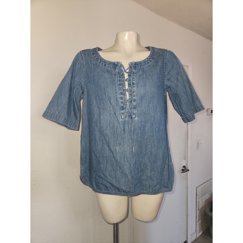 RAG & BONE Denim Lace Up Front Short Sleeve Blouse M Chambray Top Comfy casual - Picture 3 of 10